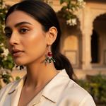 Load image into Gallery viewer, Silver Bead Drop Earrings | Red &amp; Green Gemstone Jewelry
