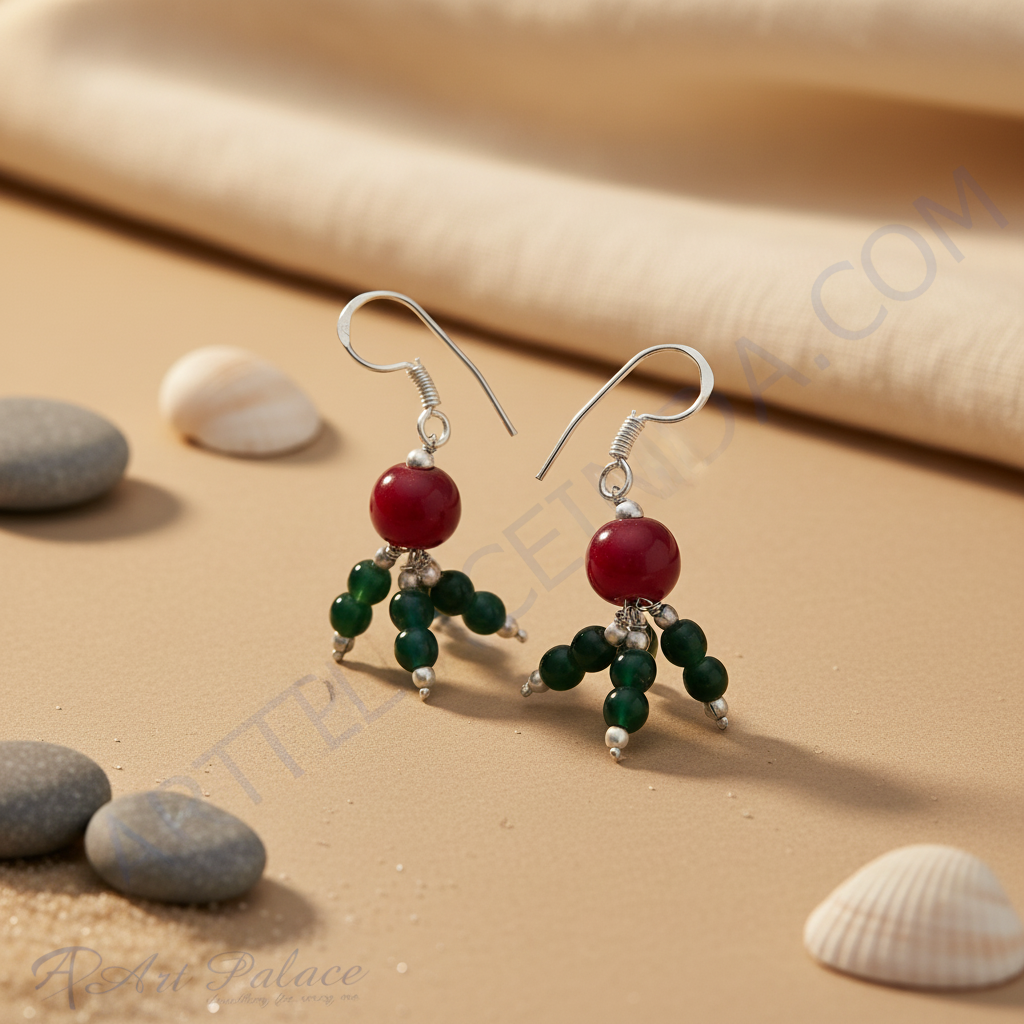 Silver drop earrings featuring red and green gemstones; a perfect gift for her