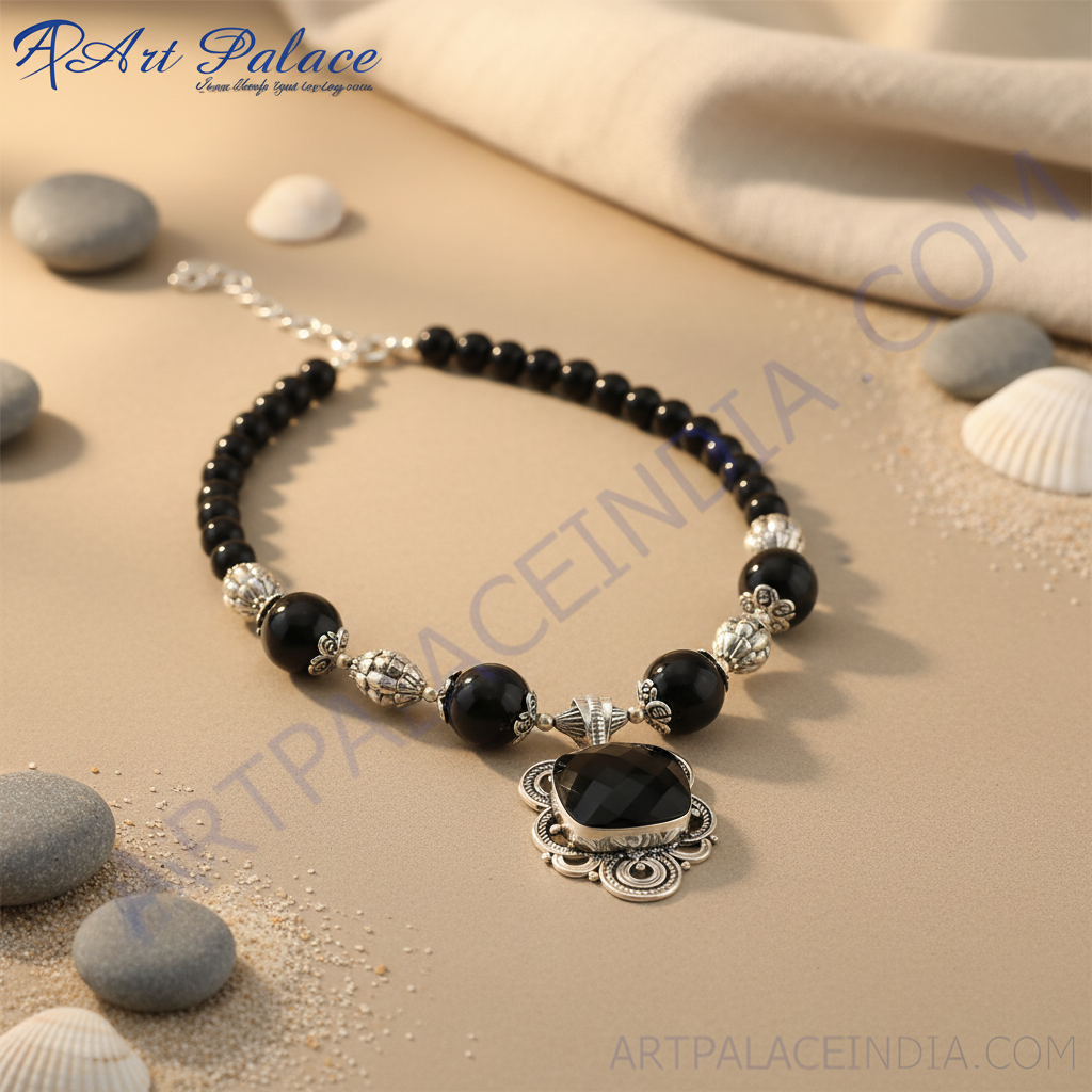 Black onyx bead necklace with a silver pendant, featuring a square-cut black stone.