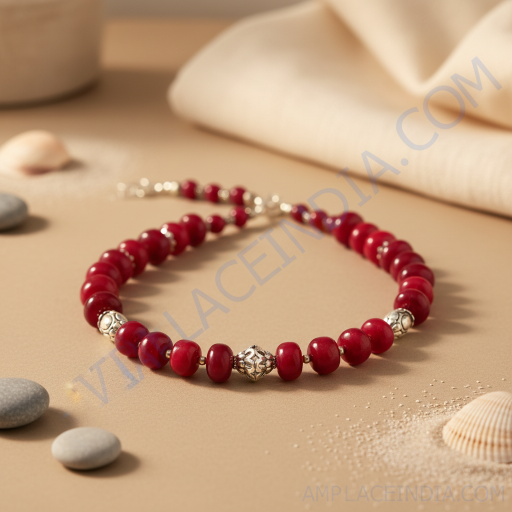 Red beaded necklace with silver accents, a statement piece for women
