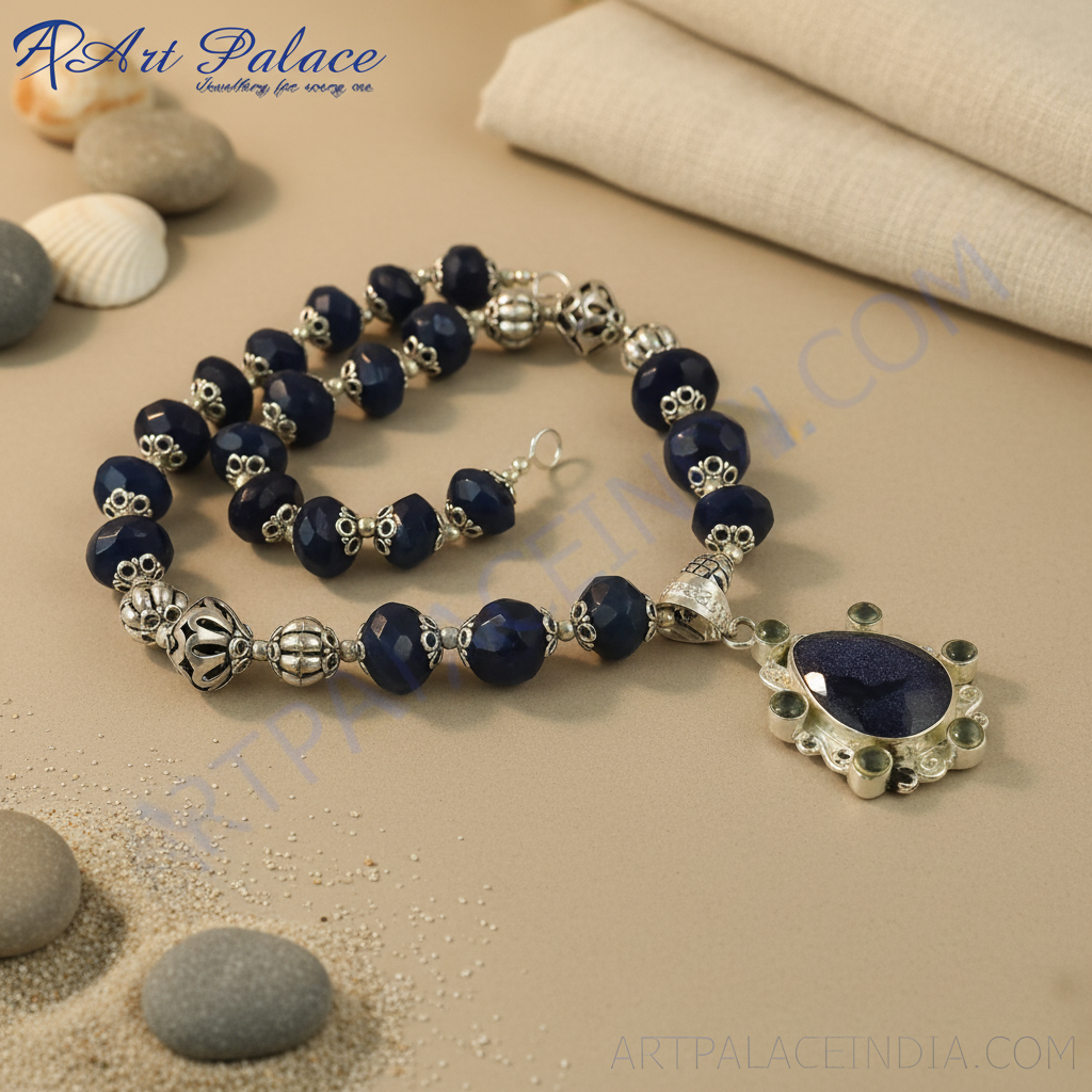 Silver beaded necklace with blue gemstone pendant, perfect for a gift or daily wear, featuring intricate silver work.