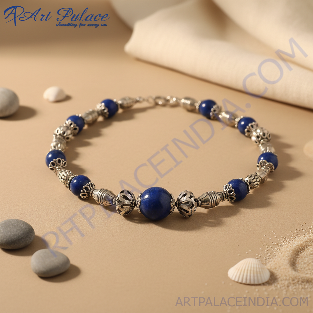 Sterling silver beaded necklace with round blue gemstones and ornate silver beads, perfect for women's fashion jewelry.