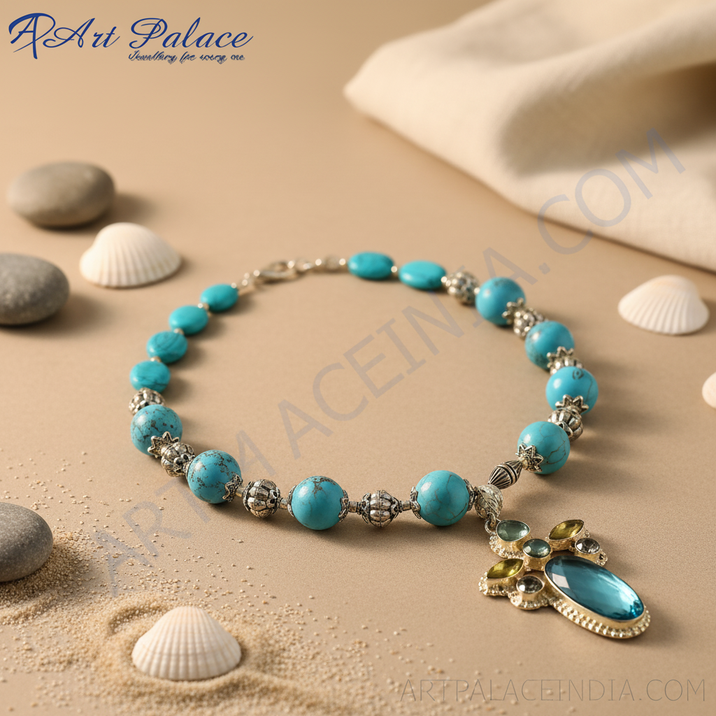Turquoise bead necklace with silver accents, a statement piece for women