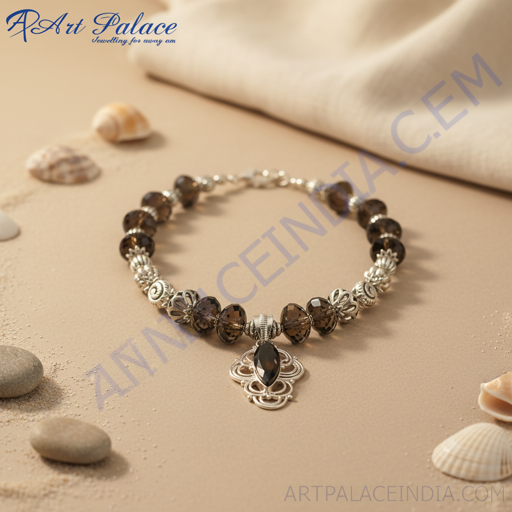 Elegant silver pendant necklace with a central black gemstone and smoky quartz beads on a black bust form