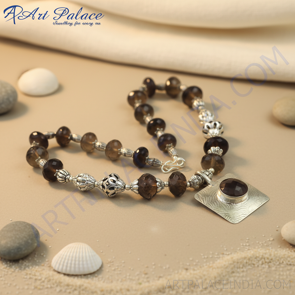 Smoky quartz beaded necklace with silver accents and a large pendant, perfect for women's fashion