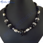 Load image into Gallery viewer, Black Onyx Bead Necklace | Silver Accents | Women&#39;s Jewelry Gift

