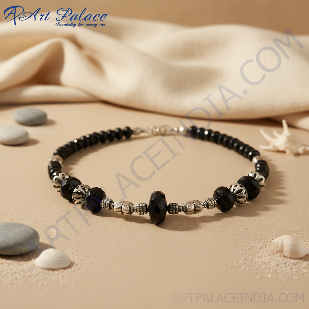 Black onyx beaded necklace with silver accents, perfect for women's daily wear or gifting