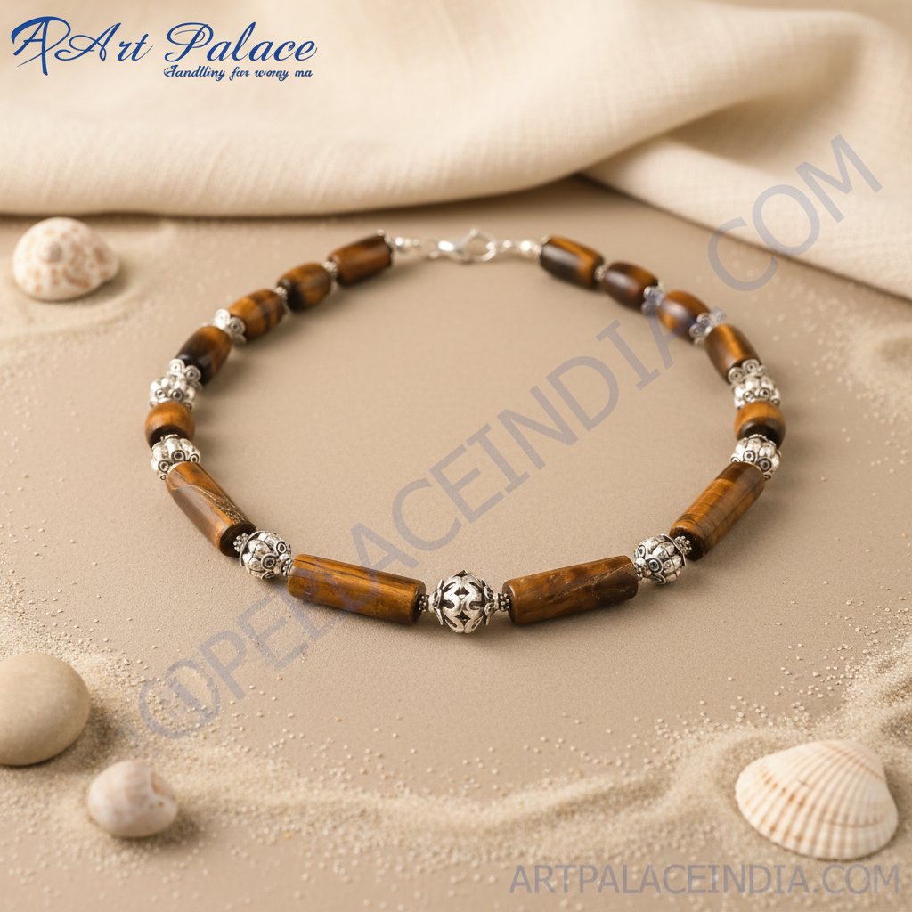 Tiger eye beaded necklace with silver accents on a black background