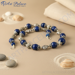 Load image into Gallery viewer, Sterling silver beaded necklace with round dark blue lapis lazuli gemstone beads for women.
