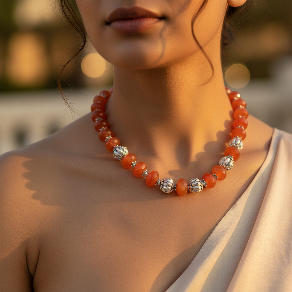 Orange Carnelian Bead Necklace | Sterling Silver Accents | Gift