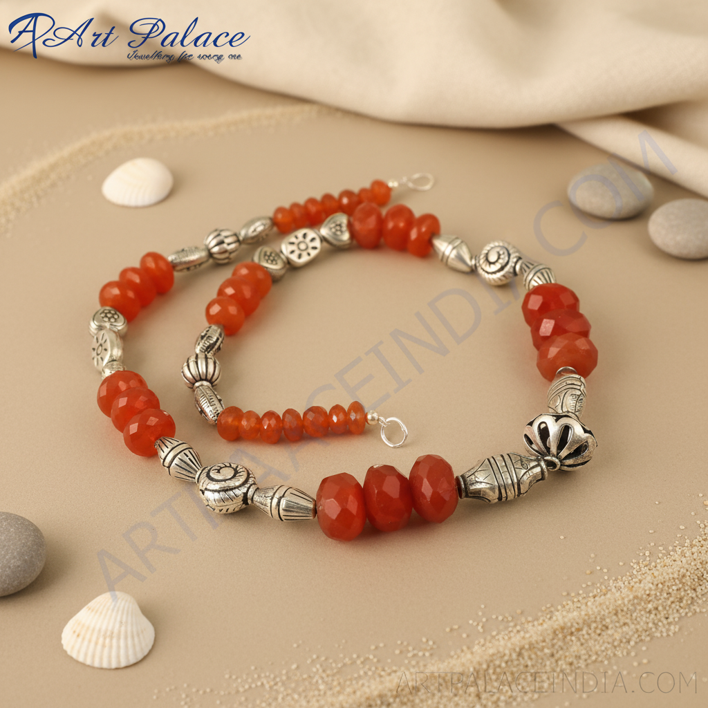 Red carnelian bead necklace with 925 sterling silver accents. A necklace with red gemstone beads.