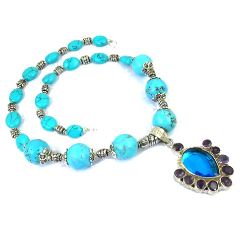 Turquoise bead necklace with blue gemstone pendant | for women