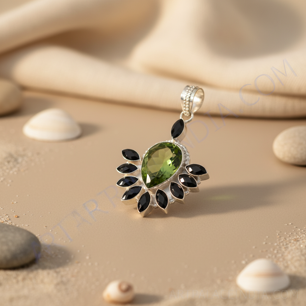 925 sterling silver peridot and onyx pendant, green and black gemstone jewelry