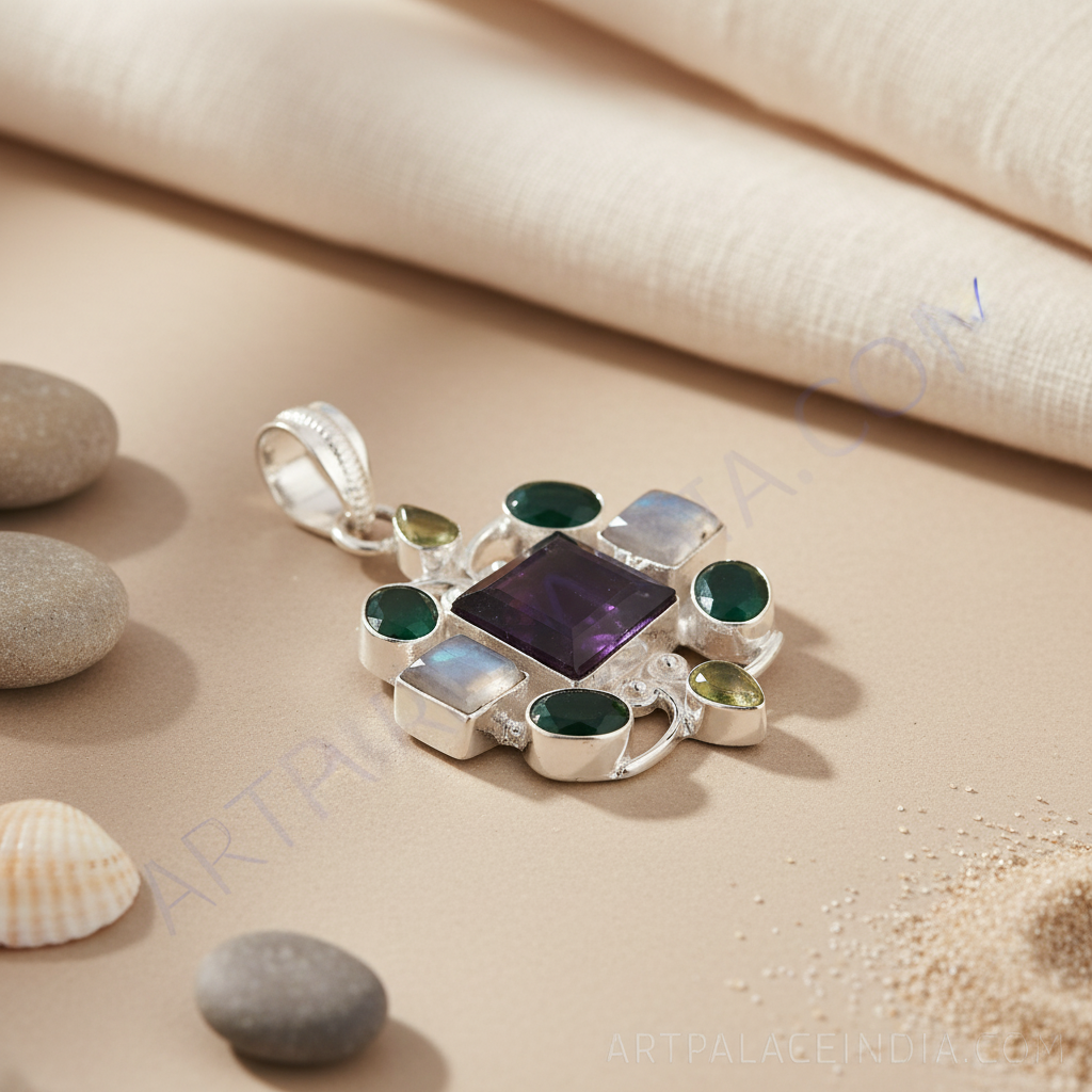925 sterling silver multi-gemstone pendant with various colorful gemstones on a white background, jewelry product photography