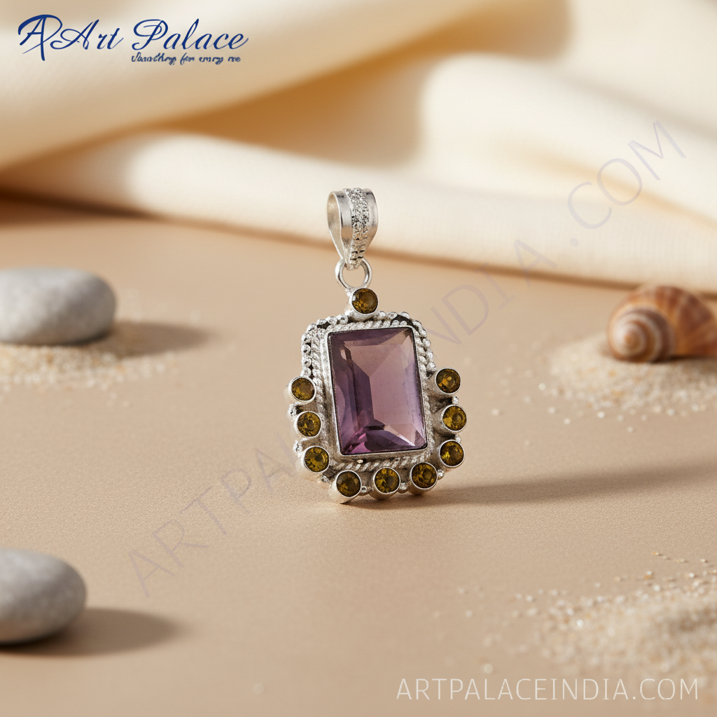 925 sterling silver amethyst pendant with purple gemstone and yellow accent stones