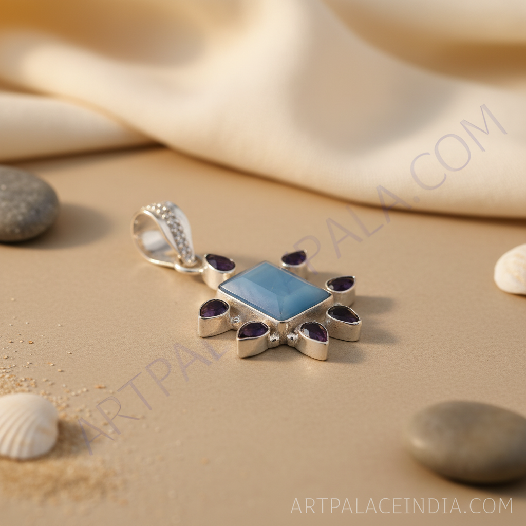 925 silver pendant necklace with a blue gemstone center and dark accent stones