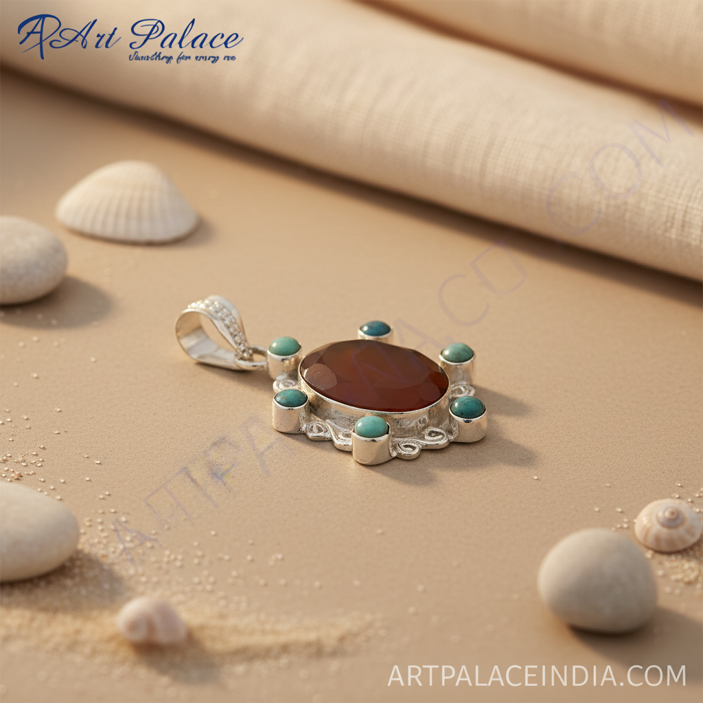 925 sterling silver gemstone pendant with a large brown central stone and blue green accent stones