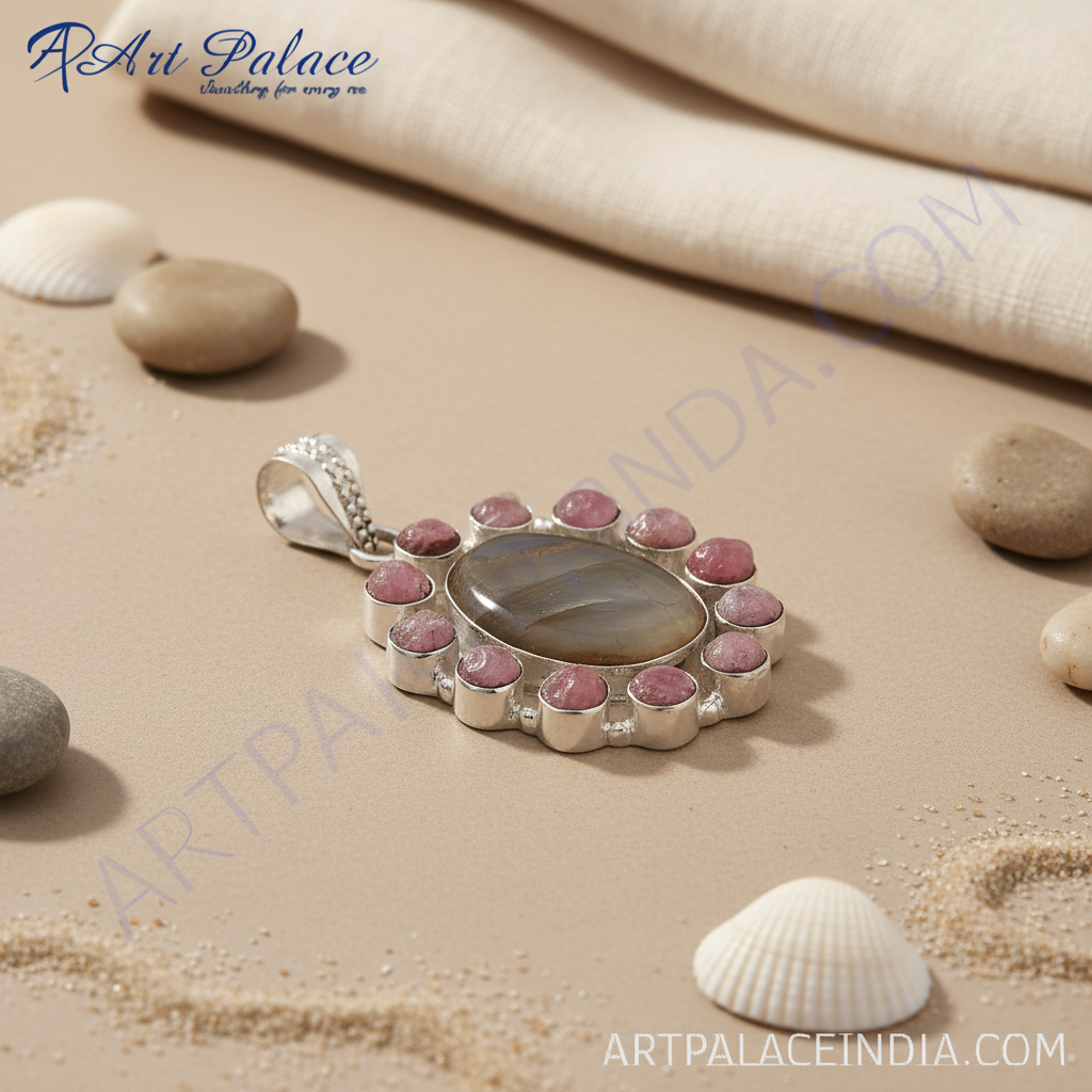 Sterling silver pendant featuring a large brown gemstone center surrounded by pink gemstones.