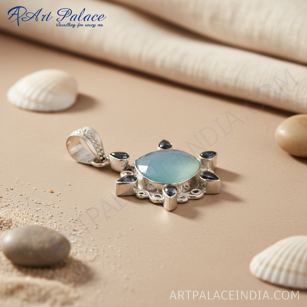 925 sterling silver pendant with a large, light blue chalcedony center stone and black accent gemstones.
