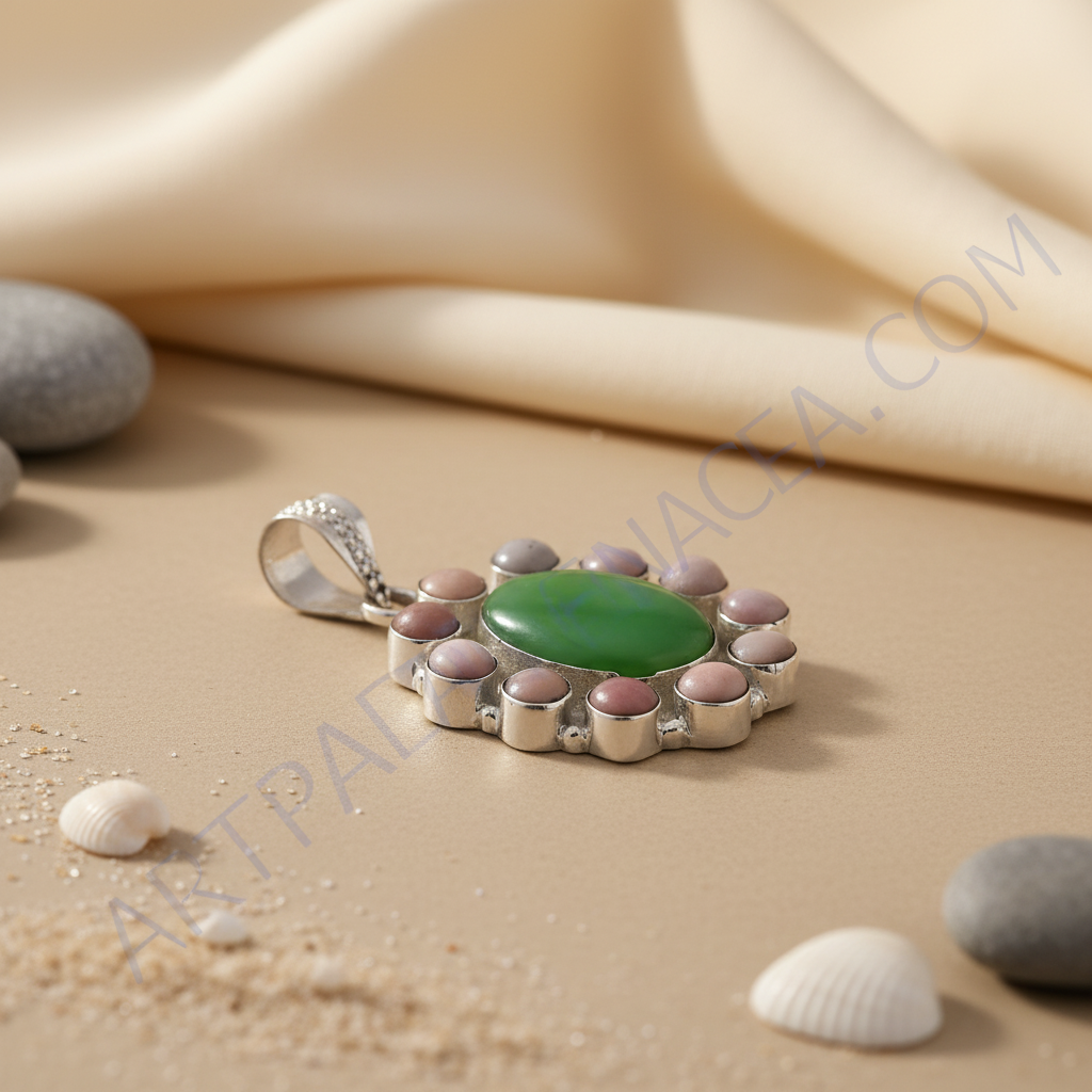 925 sterling silver pendant with a central green gemstone and surrounding colorful stones