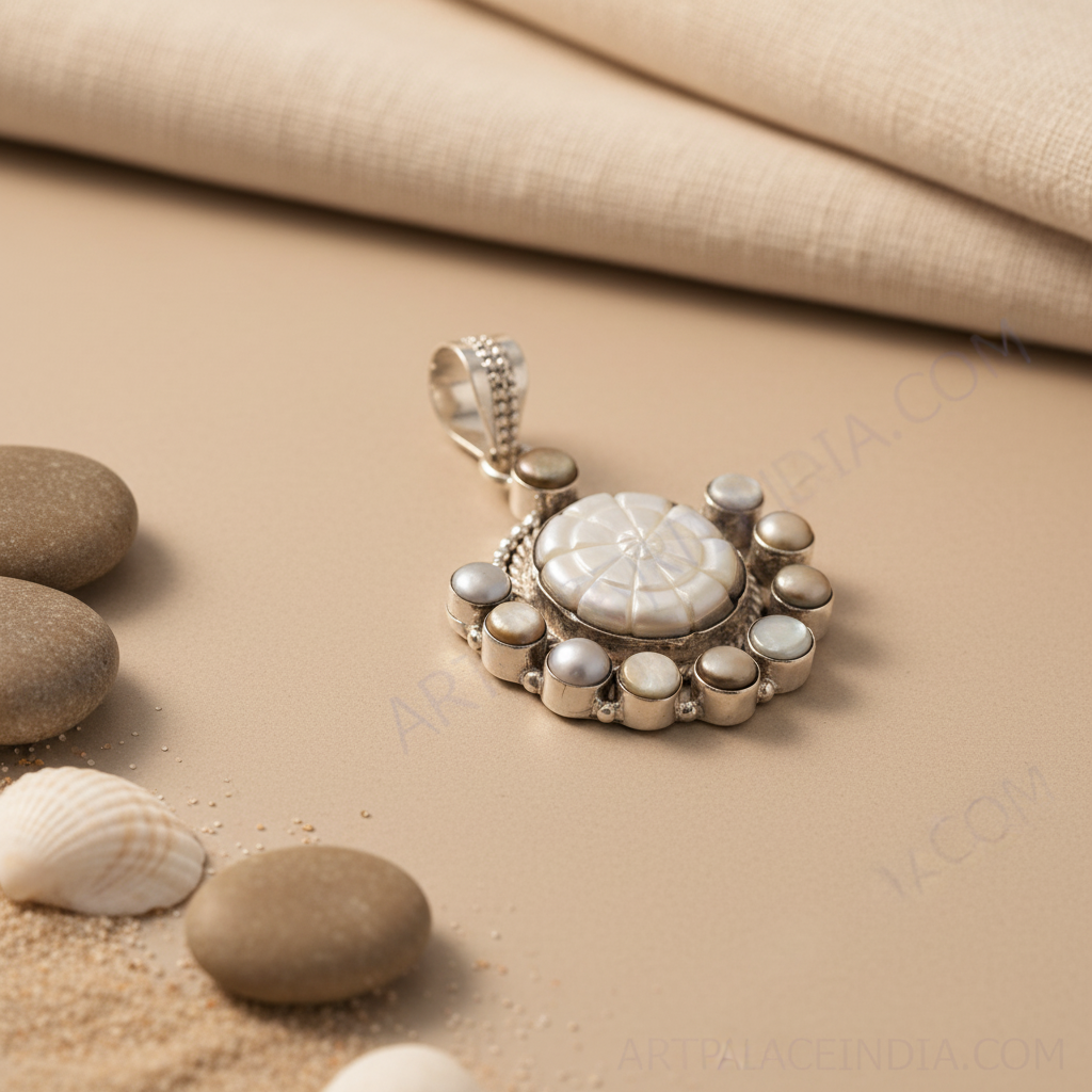 925 sterling silver pearl pendant with a cluster of pearls and silver accents, white background, gemstone jewelry