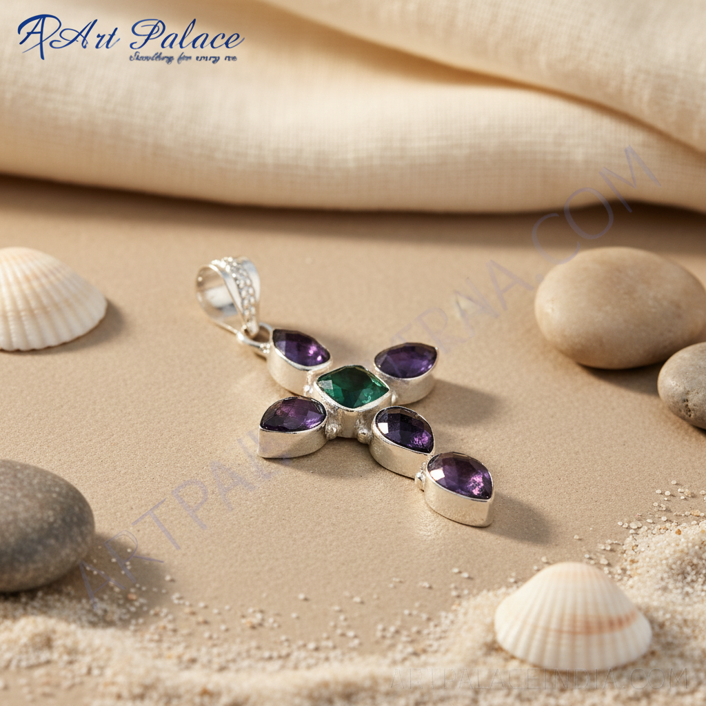 Sterling silver cross pendant necklace with a central green gemstone and surrounding purple gemstones