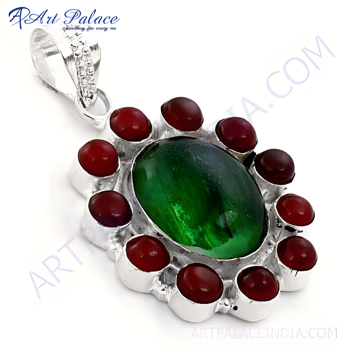 Sterling silver pendant with large oval green gemstone surrounded by red stones