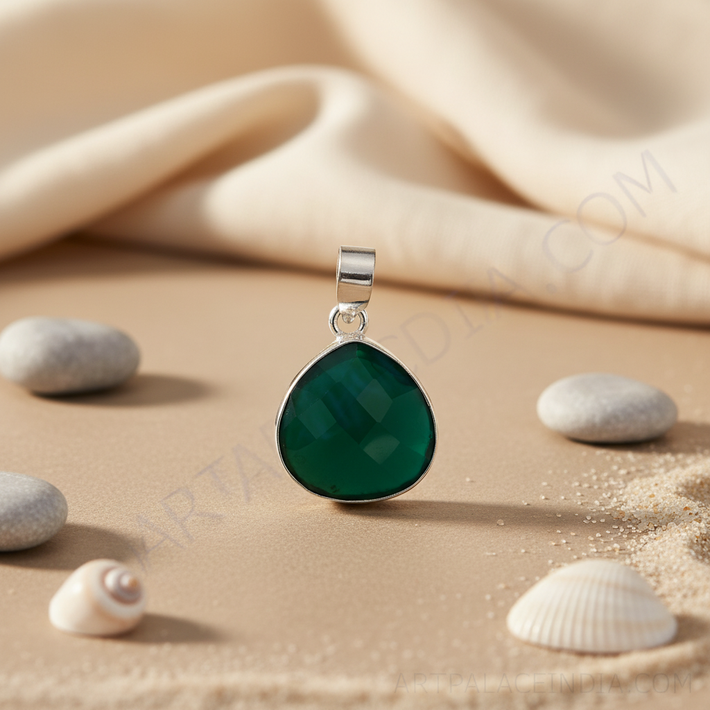 925 sterling silver green onyx teardrop pendant, a faceted green gemstone with silver frame