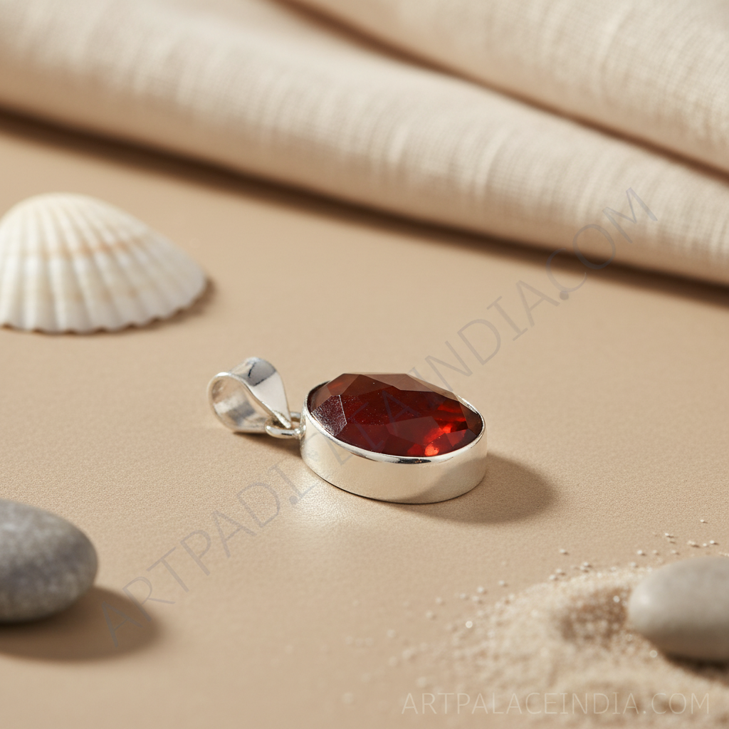 925 silver pendant with a faceted red carnelian gemstone. Elegant gemstone pendant for women.