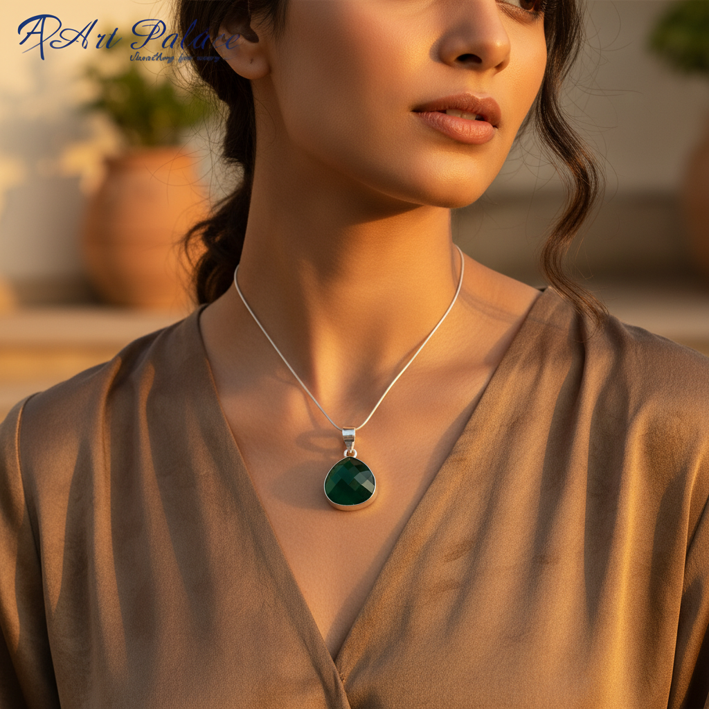 925 Silver Green Onyx Pendant for Women | Gemstone Jewelry