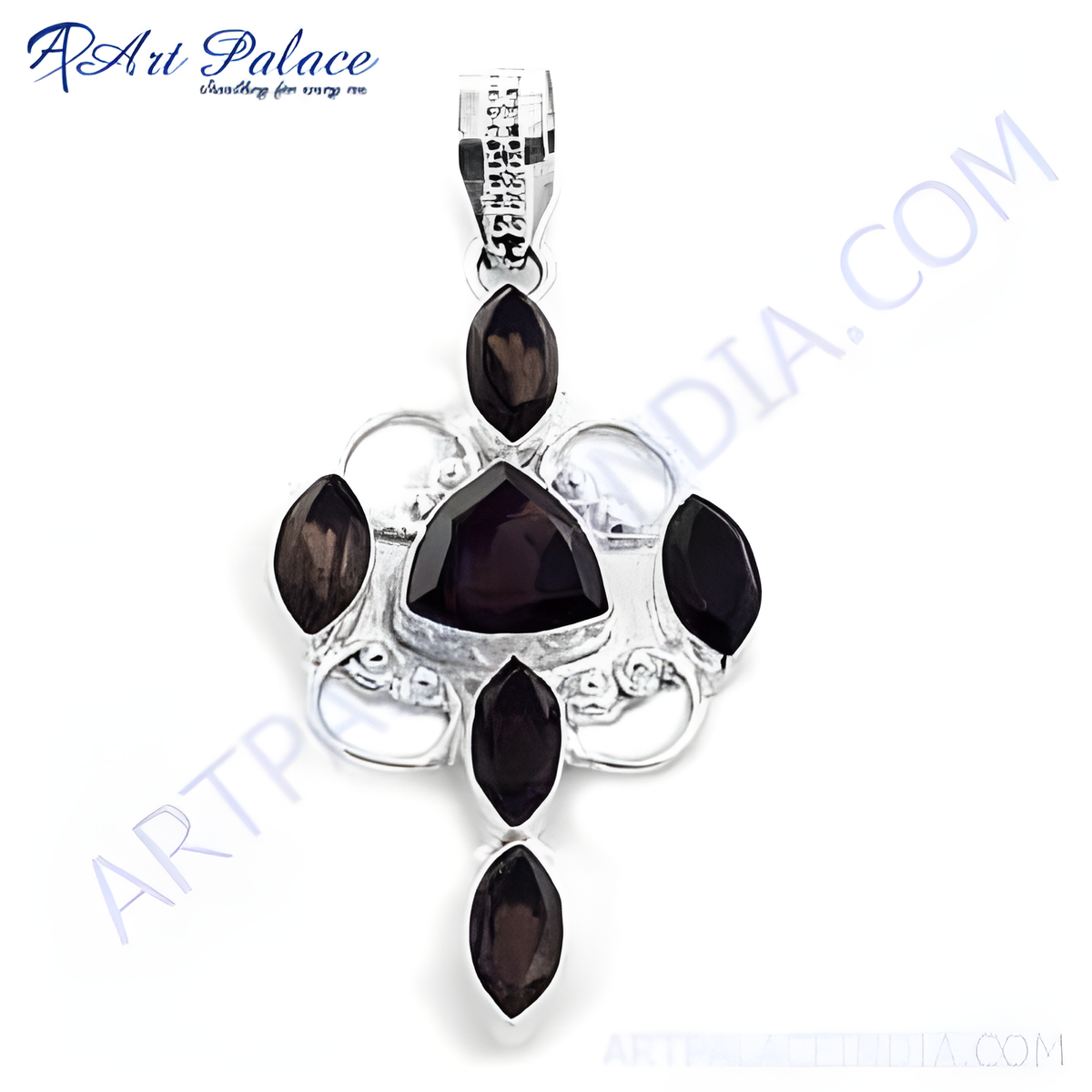 925 sterling silver pendant with black gemstones set in a unique floral design