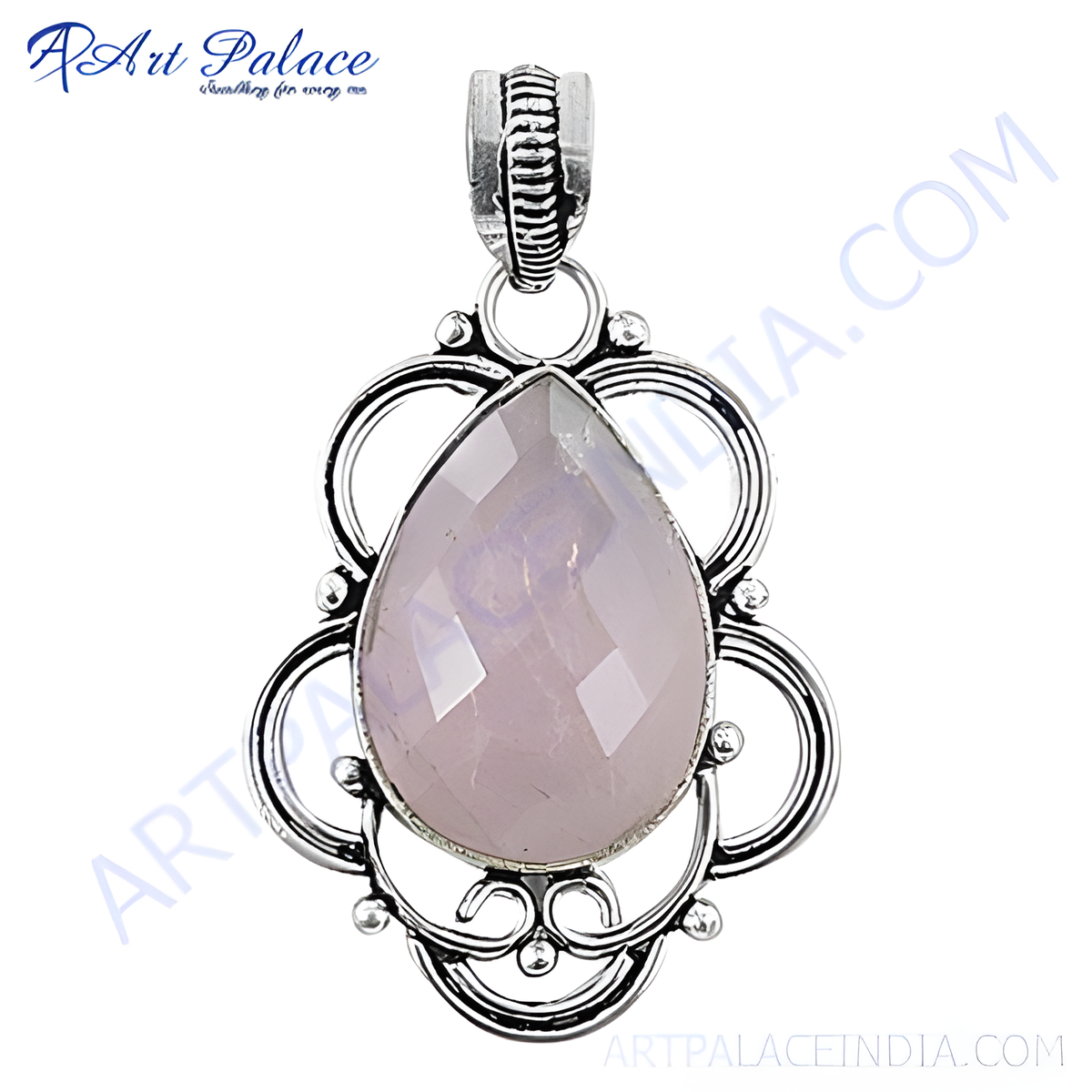 925 silver rose quartz pendant with a faceted, pear shaped gemstone