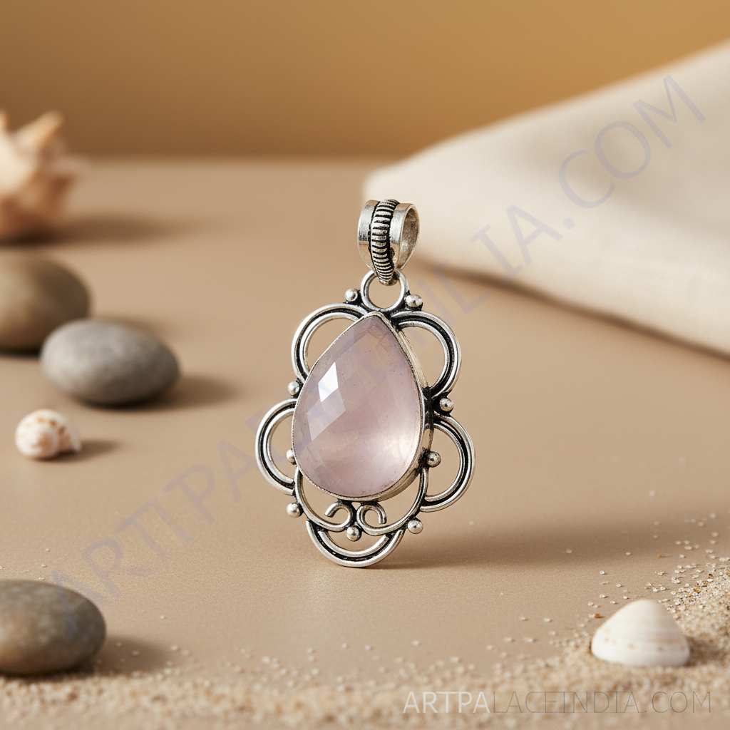 925 silver rose quartz pendant with a faceted, pear shaped gemstone