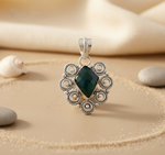 Load image into Gallery viewer, 925 sterling silver pendant with a green onyx gemstone center, a floral design.
