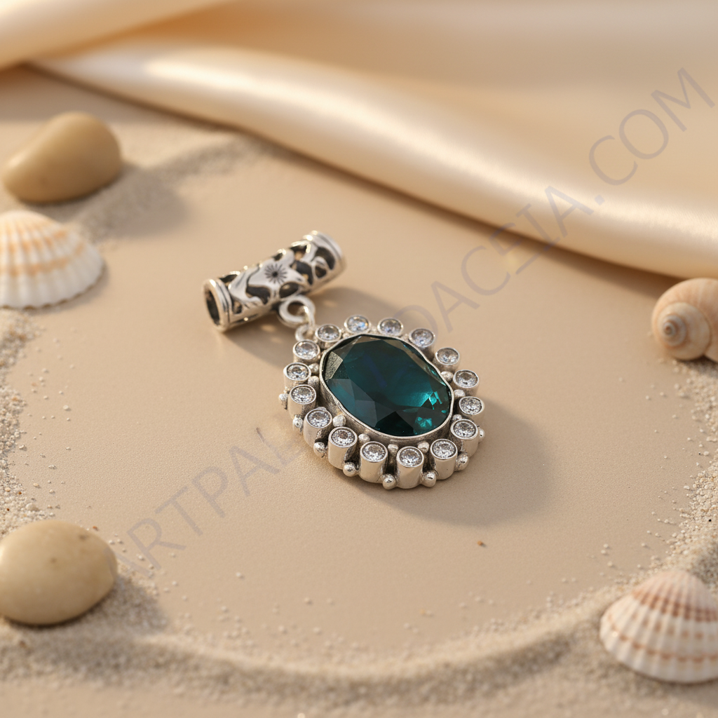 925 sterling silver emerald green gemstone pendant with surrounding clear crystals, ideal for women