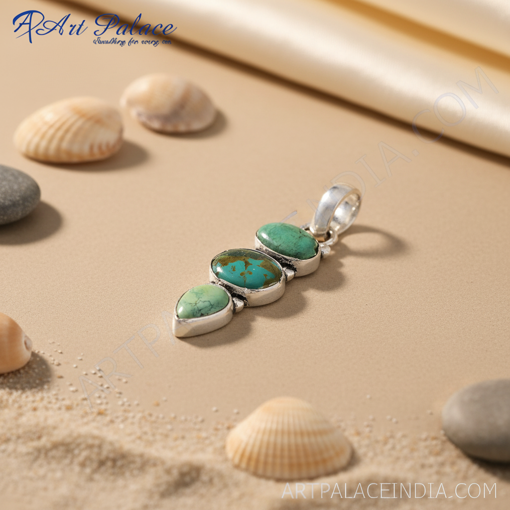 925 silver pendant featuring three turquoise stones. A beautiful gemstone necklace for women.