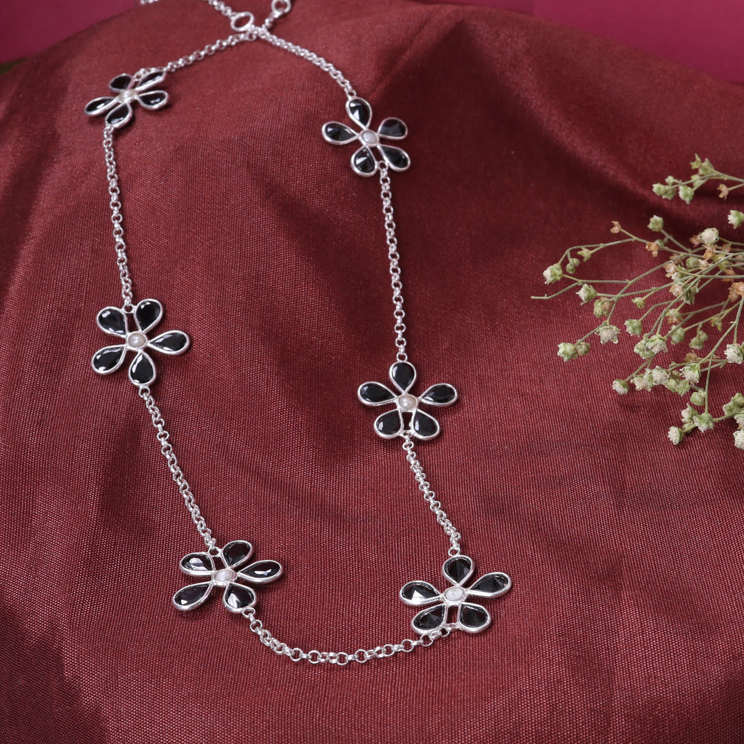 Silver Flower Necklace | Black Enamel Floral Chain for Women