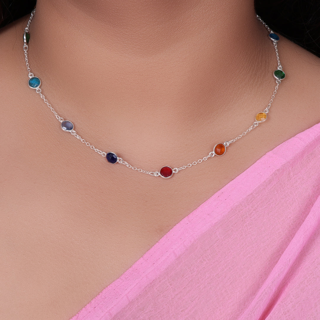 925 Silver Rainbow Gemstone Necklace | Colorful Fashion Jewelry