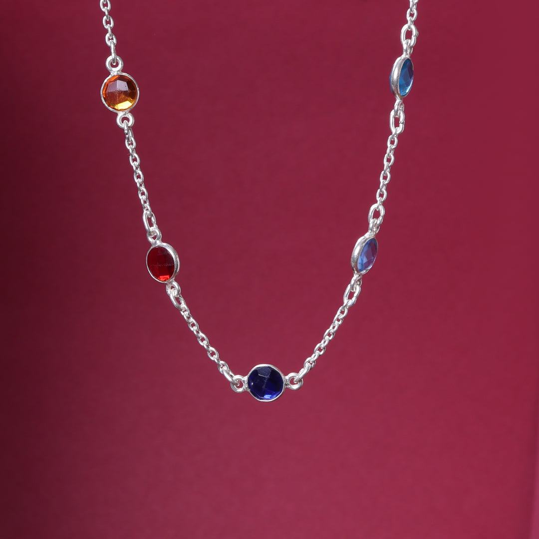 925 Silver Rainbow Gemstone Necklace | Colorful Fashion Jewelry