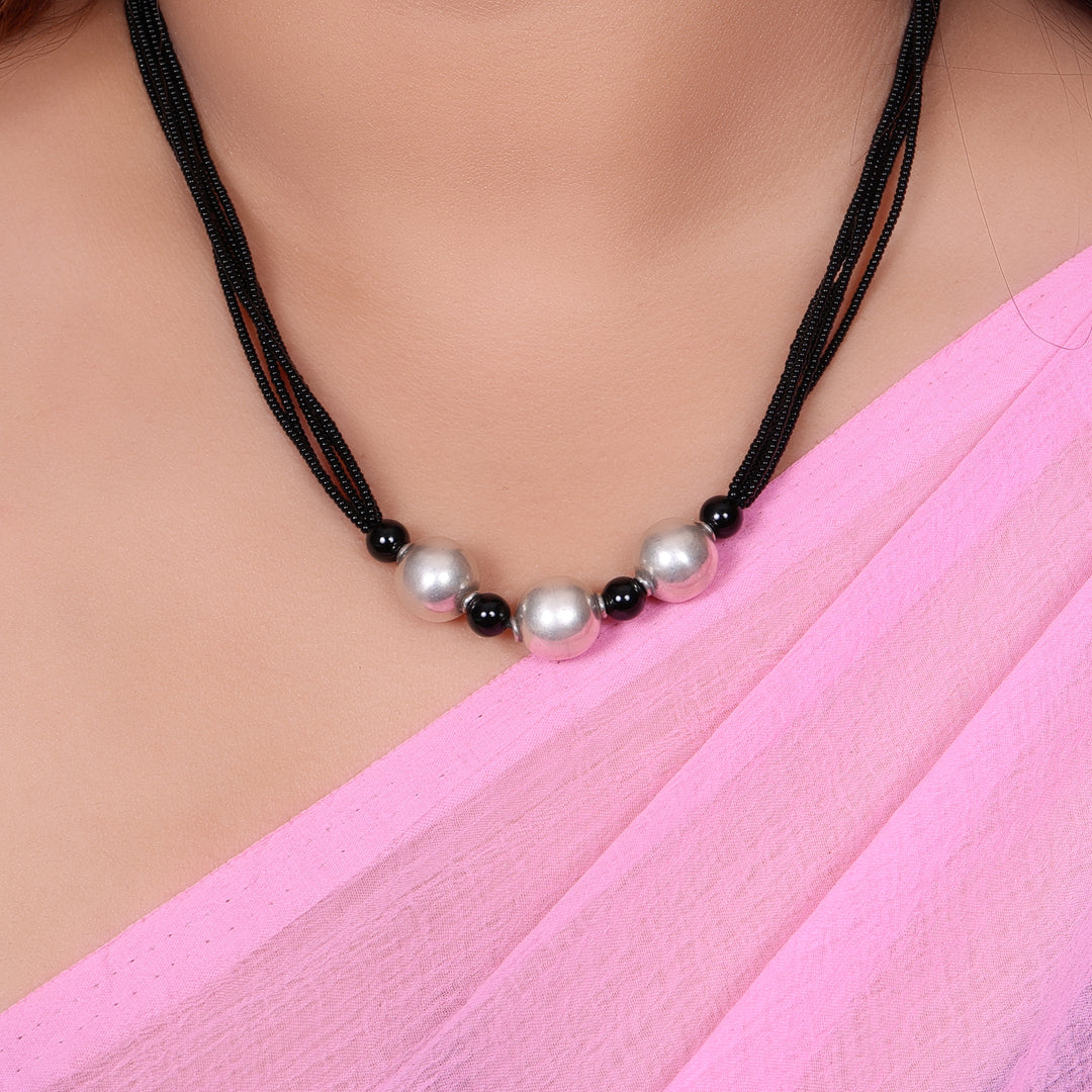 Black Bead and Silver Ball Necklace for Women | Fashion Jewelry