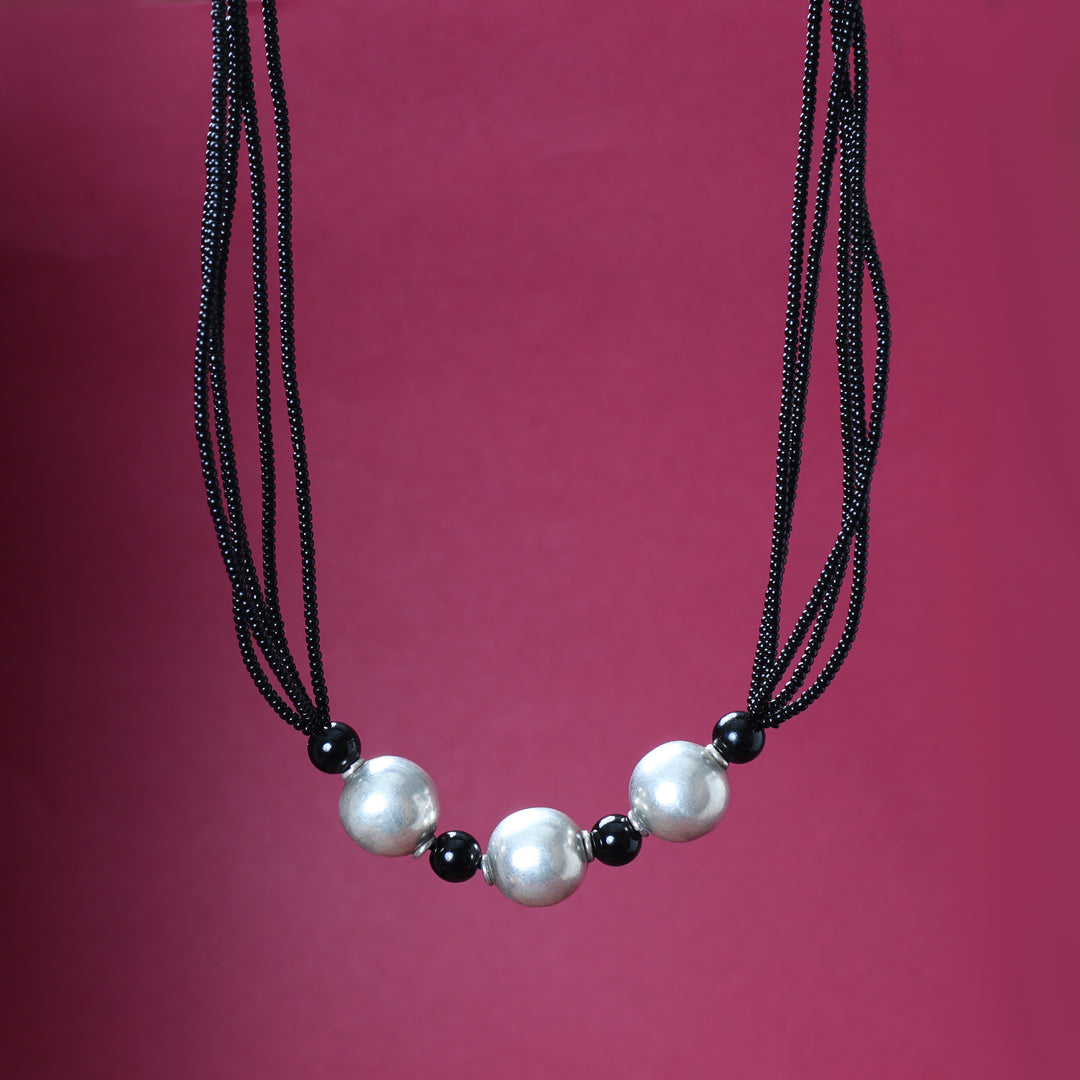 Black Bead and Silver Ball Necklace for Women | Fashion Jewelry