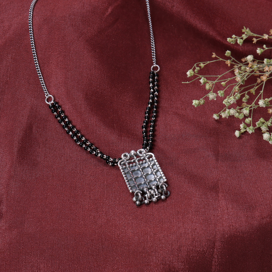 925 Silver Black Bead Grid Pendant Necklace | Women's Jewelry