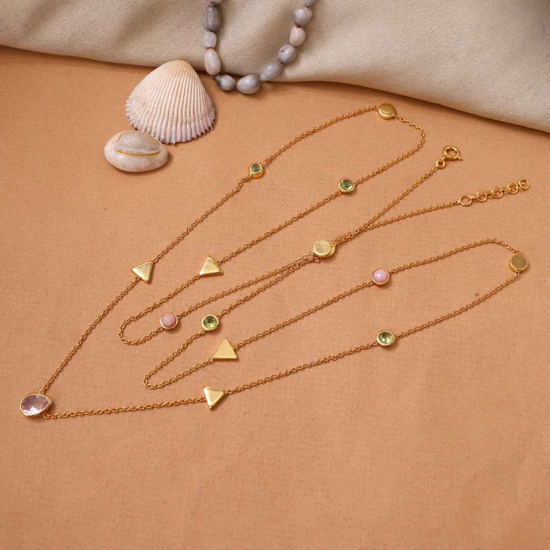 gold plating Chain Necklace with Green Gemstones and Pink Teardrop | Women's Jewelry