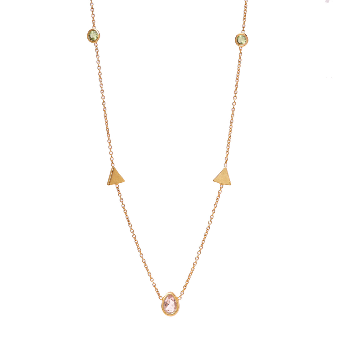 gold plating Chain Necklace with Green Gemstones and Pink Teardrop | Women's Jewelry
