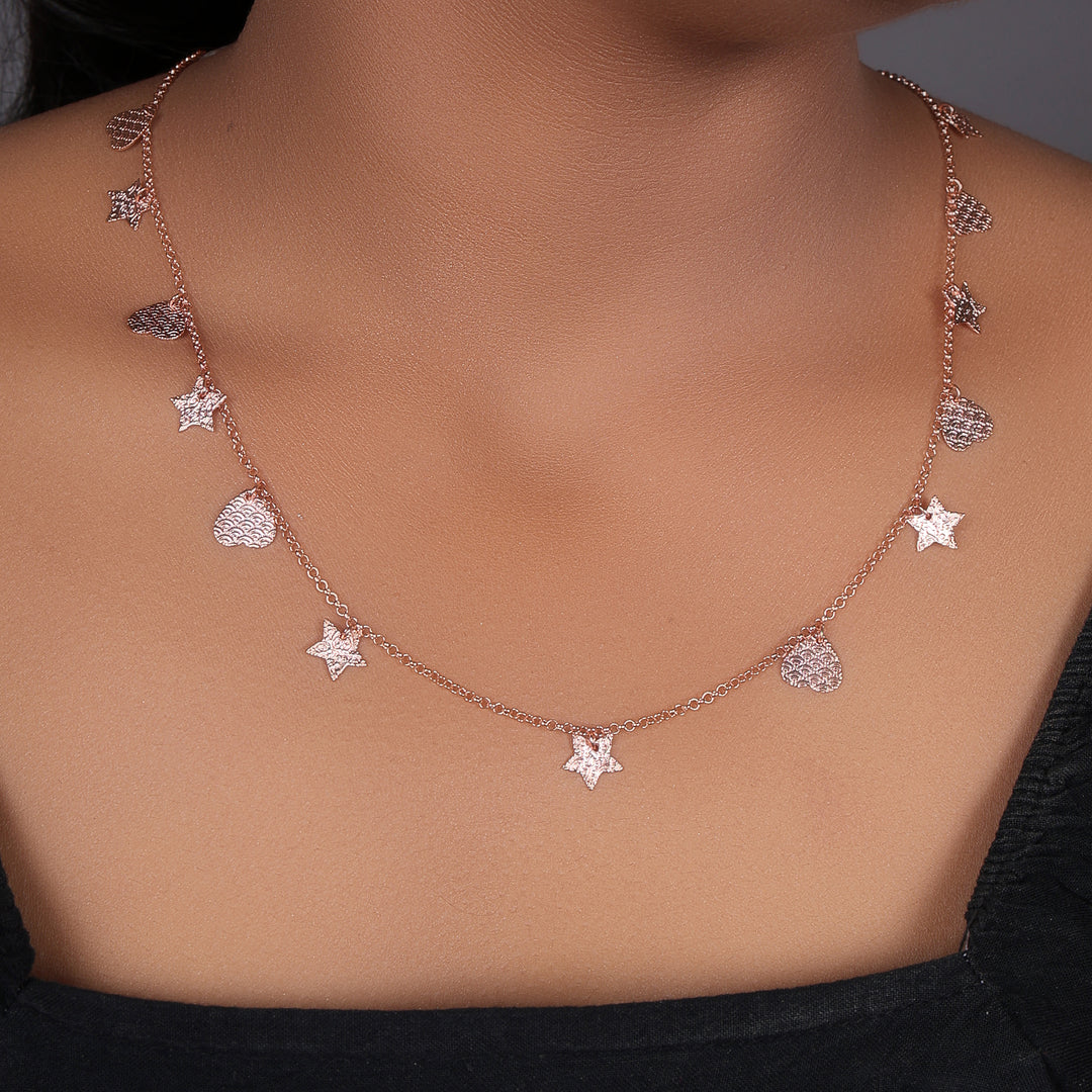 Rose gold plating Star & Heart Charm Necklace | Dainty Chain for Women