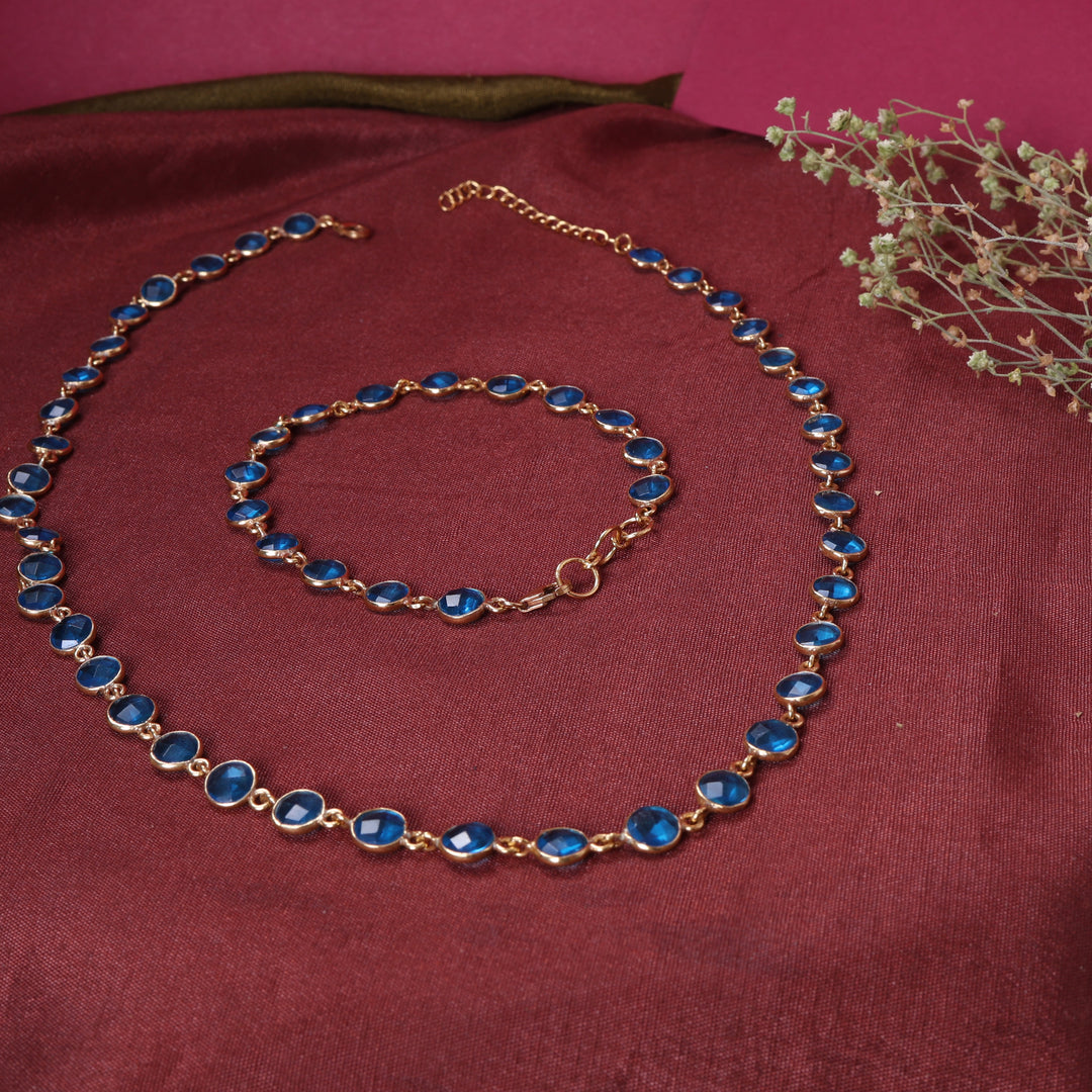 Gold Blue Gemstone Necklace & Bracelet Set for Women | Gift Jewelry