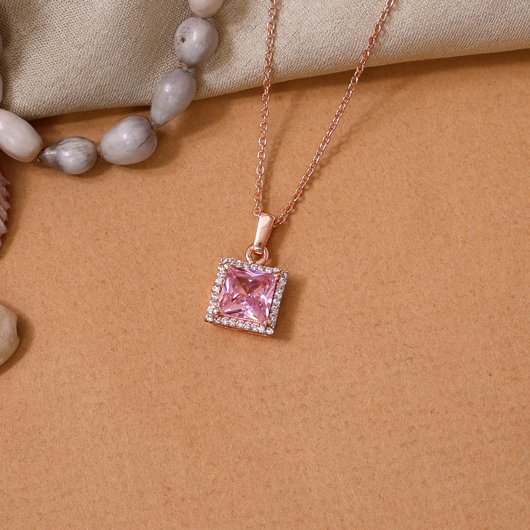 Rose gold plating Pink Sapphire Square Pendant Necklace | Women's Gift