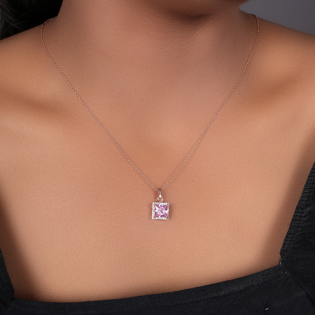 Rose gold plating Pink Sapphire Square Pendant Necklace | Women's Gift
