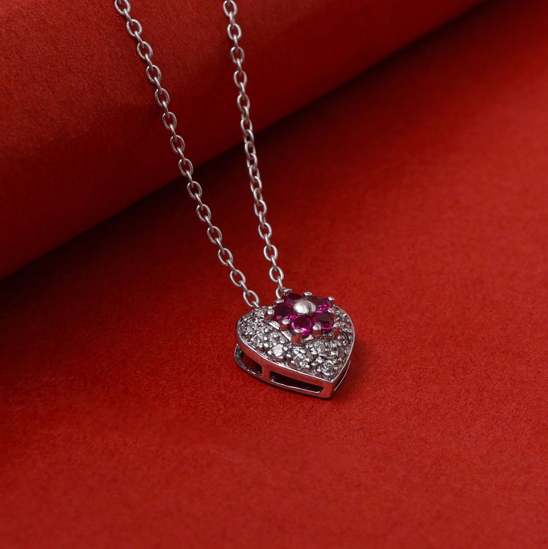 925 Silver Ruby Flower Heart Pendant Necklace for Women