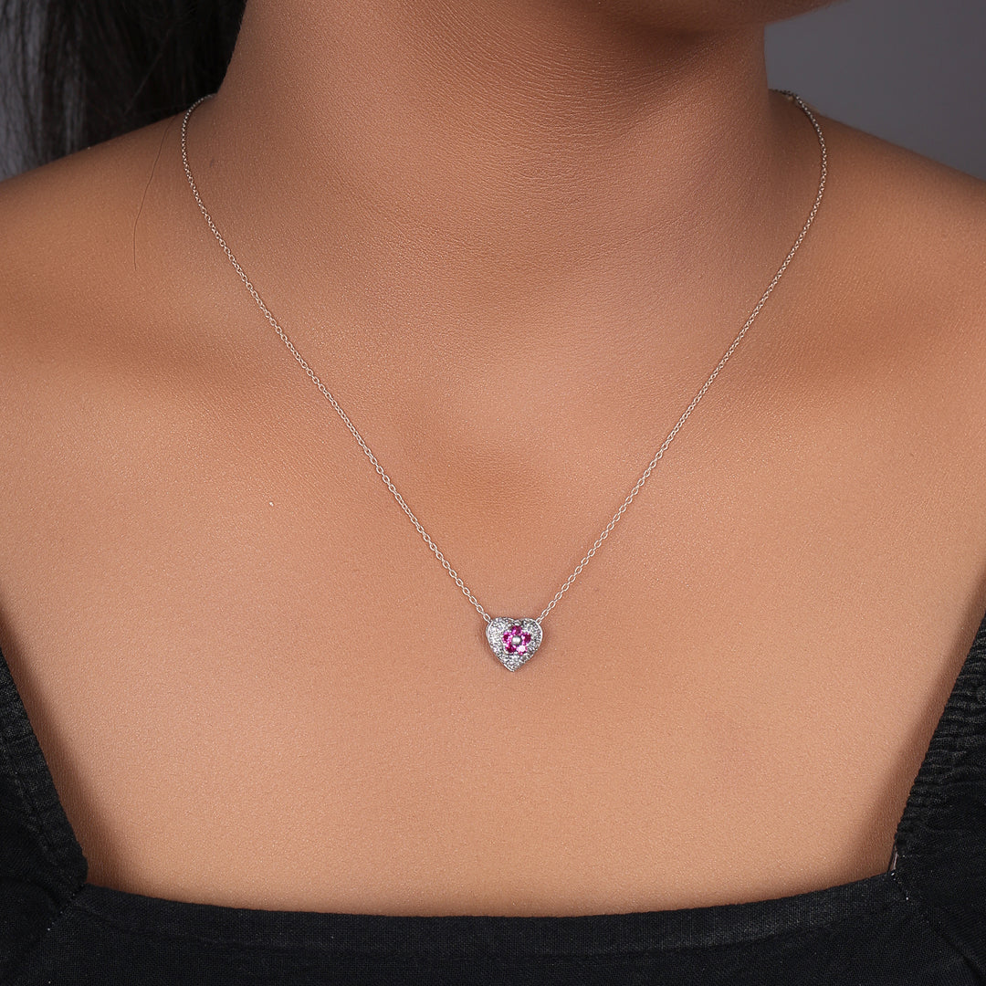 925 Silver Ruby Flower Heart Pendant Necklace for Women